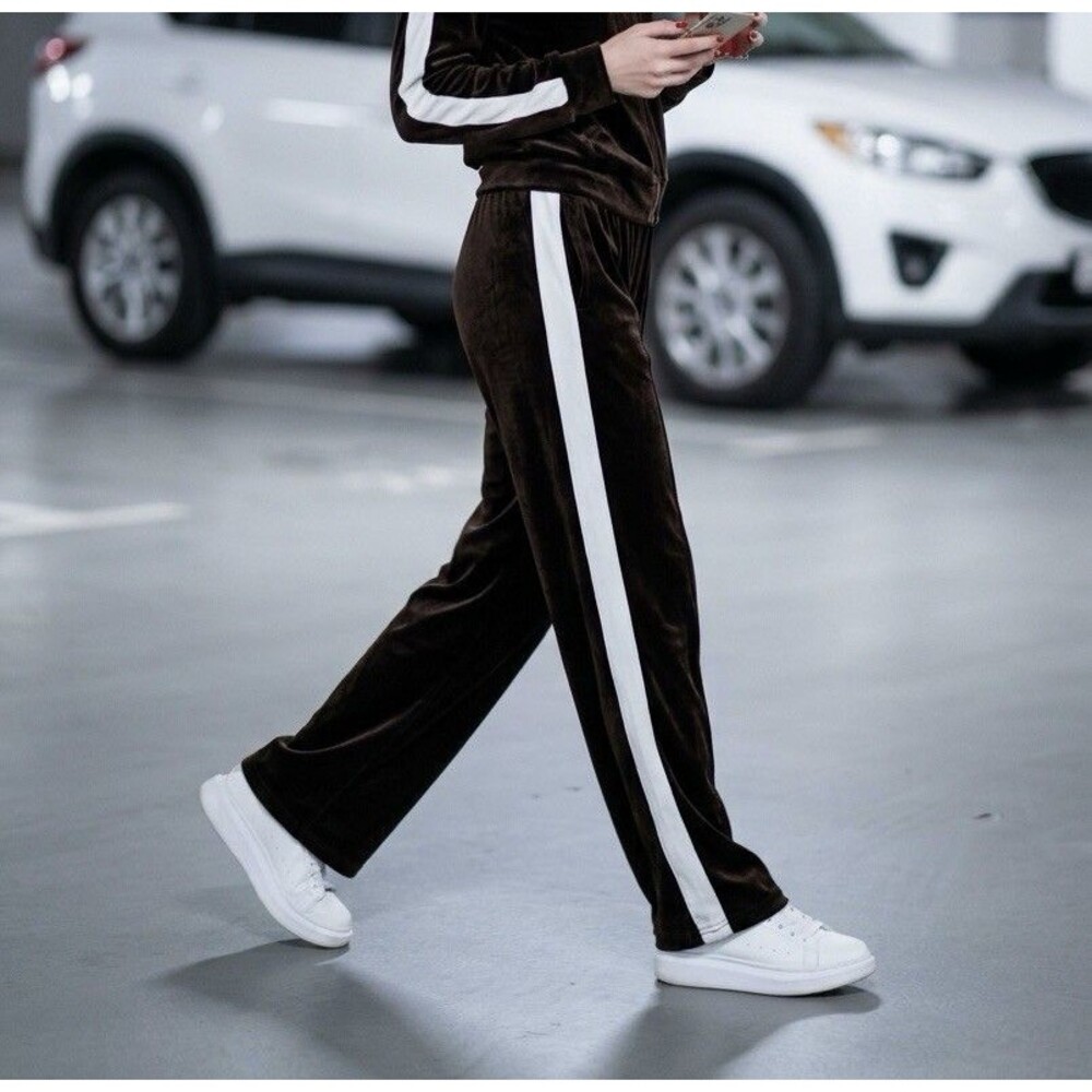 EKOUAER Women’s L Black Velour Track Pants White Side Stripes And Pockets